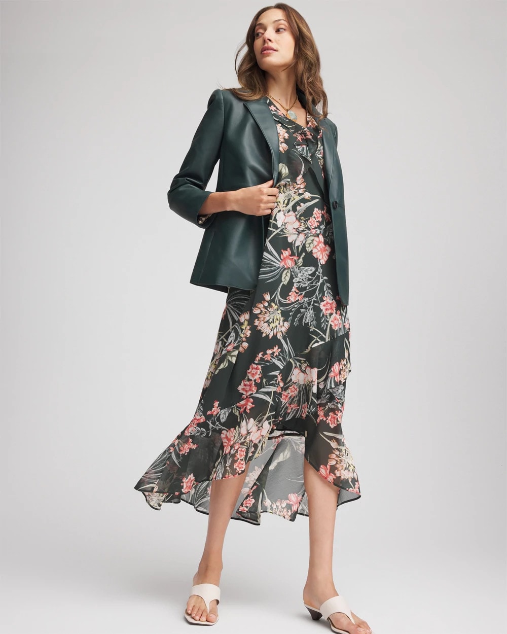 Chico's Petite Floral Ruffle-Trim Chiffon Dress