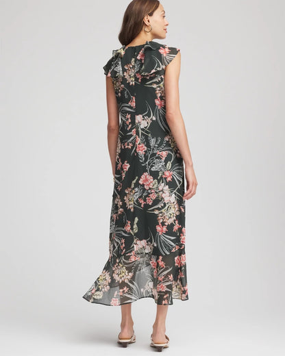 Chico's Petite Floral Ruffle-Trim Chiffon Dress