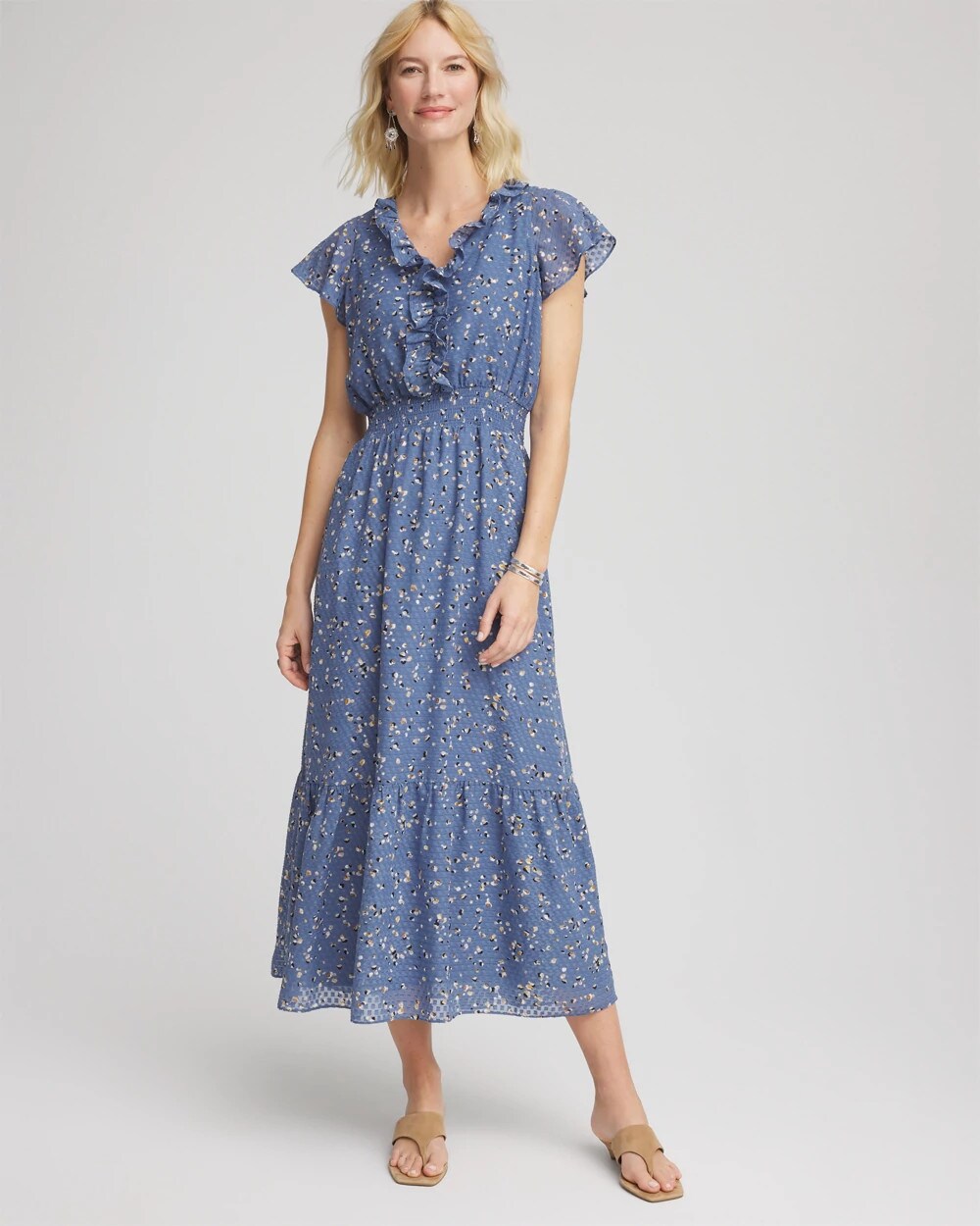 Chico's Petite Textured Ruffled-Placket Maxi Dress
