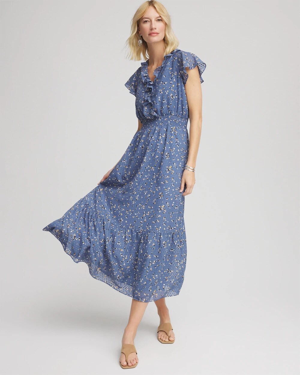 Chico's Petite Textured Ruffled-Placket Maxi Dress