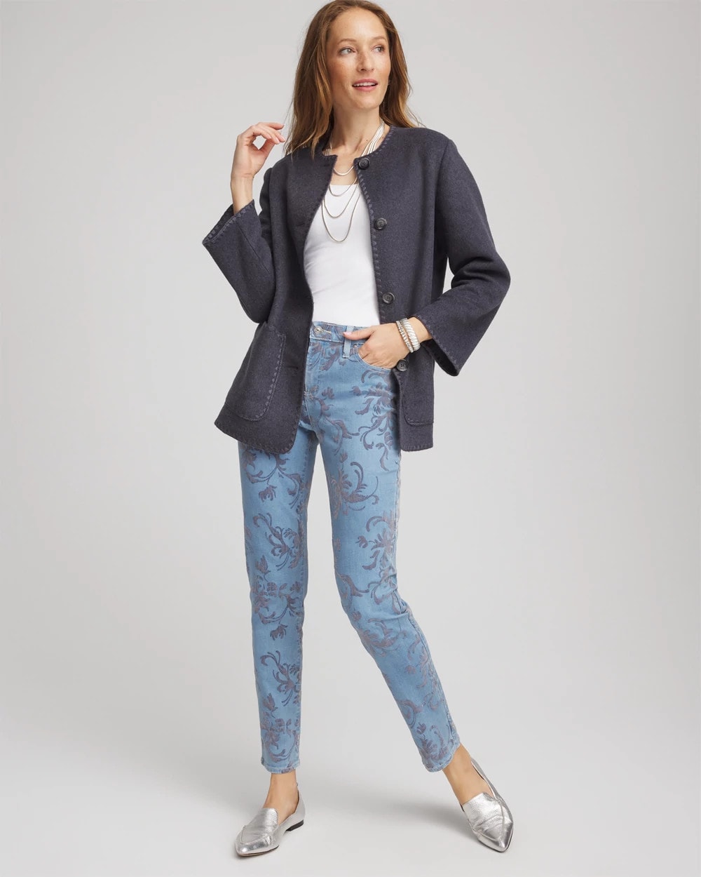 Chico's Petite Girlfriend Slim Ankle Flocked Jeans