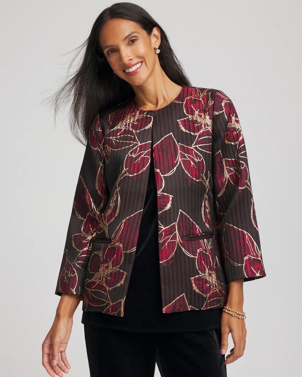 Chico's Travelers™ Collection Jacquard Foiled Floral Jacket