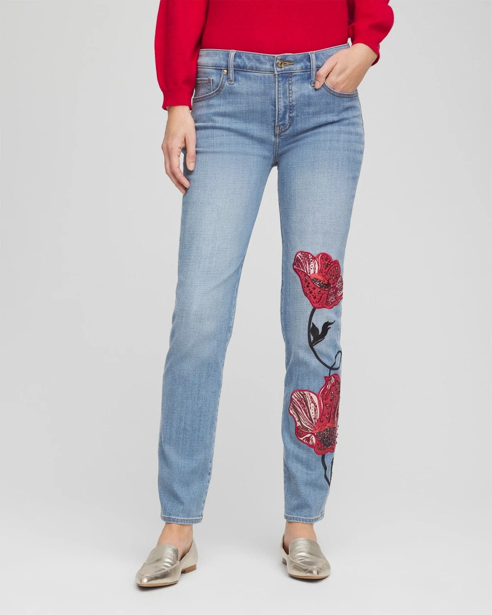 Chico's Placed Floral Girlfriend Slim Ankle Jeans