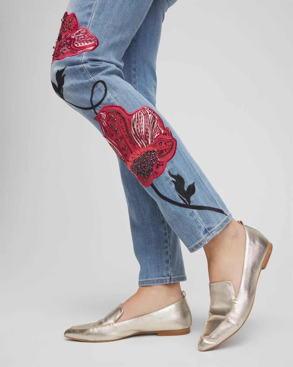 Chico's Placed Floral Girlfriend Slim Ankle Jeans