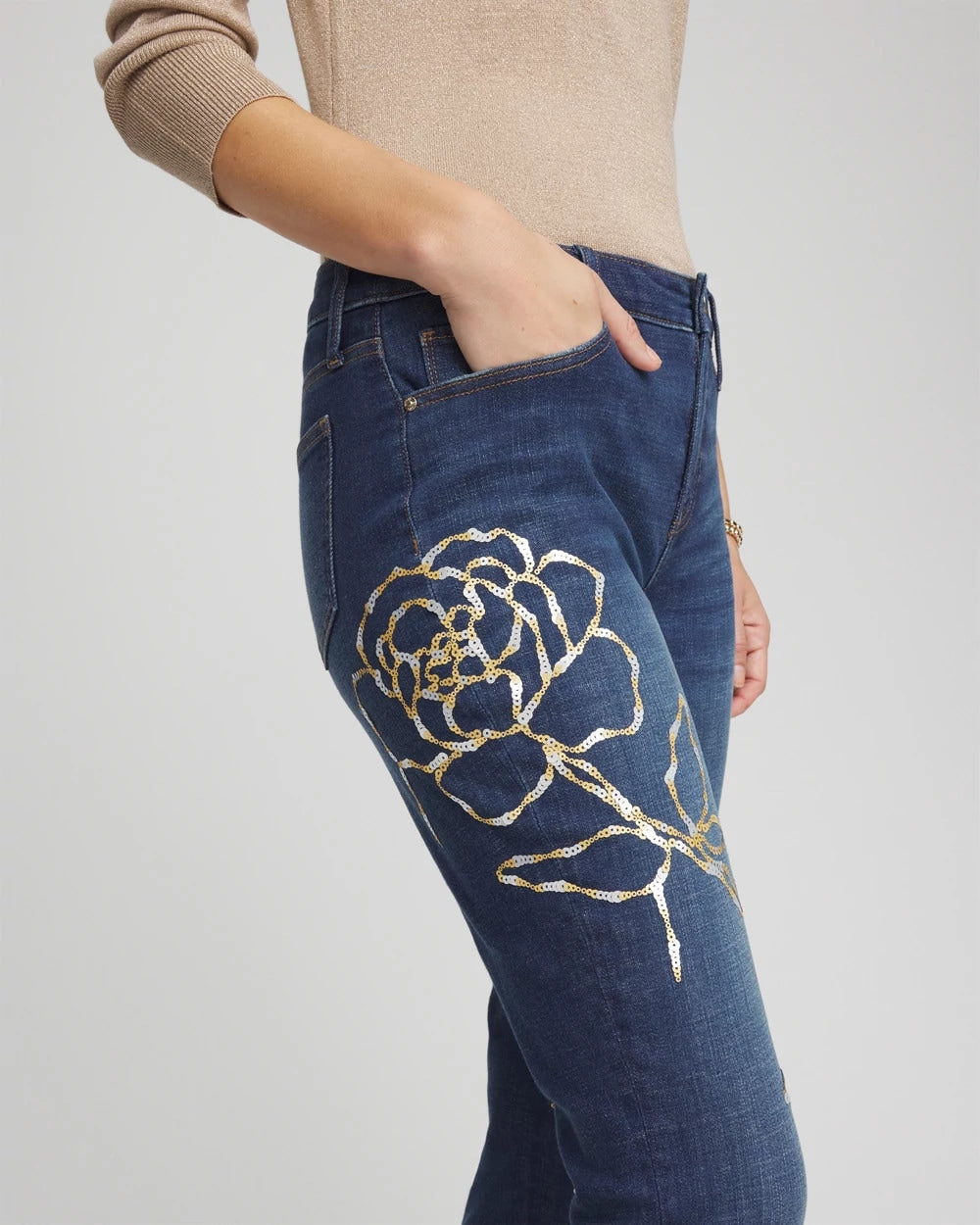 Chico's Sequins Rose Girlfriend Slim-Leg Jeans