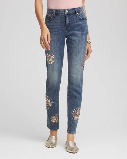 Chico's Embellished Starbursts Girlfriend Slim Ankle Jeans