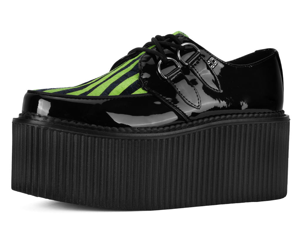 T.U.K. Shoes Black Patent Green Zebra Hair Stratocreeper