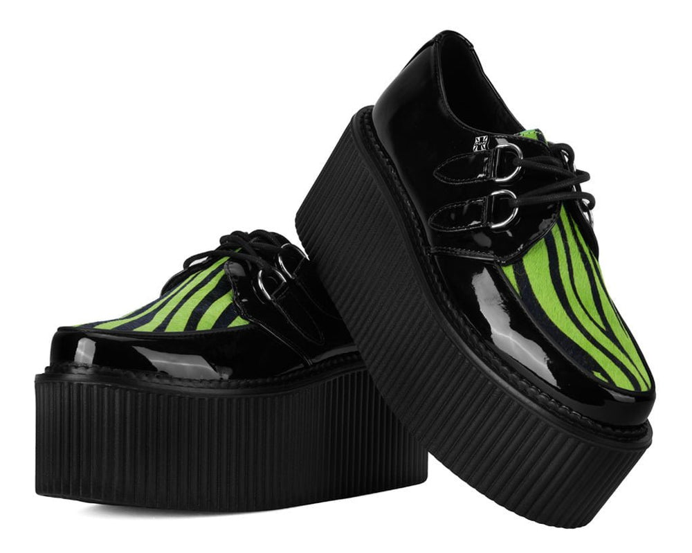 T.U.K. Shoes Black Patent Green Zebra Hair Stratocreeper