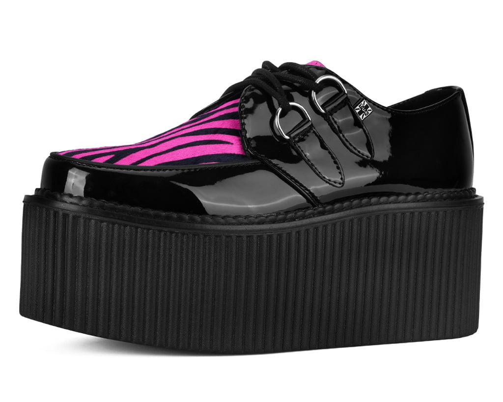 T.U.K. Shoes Black Patent Pink Zebra Hair Stratocreeper