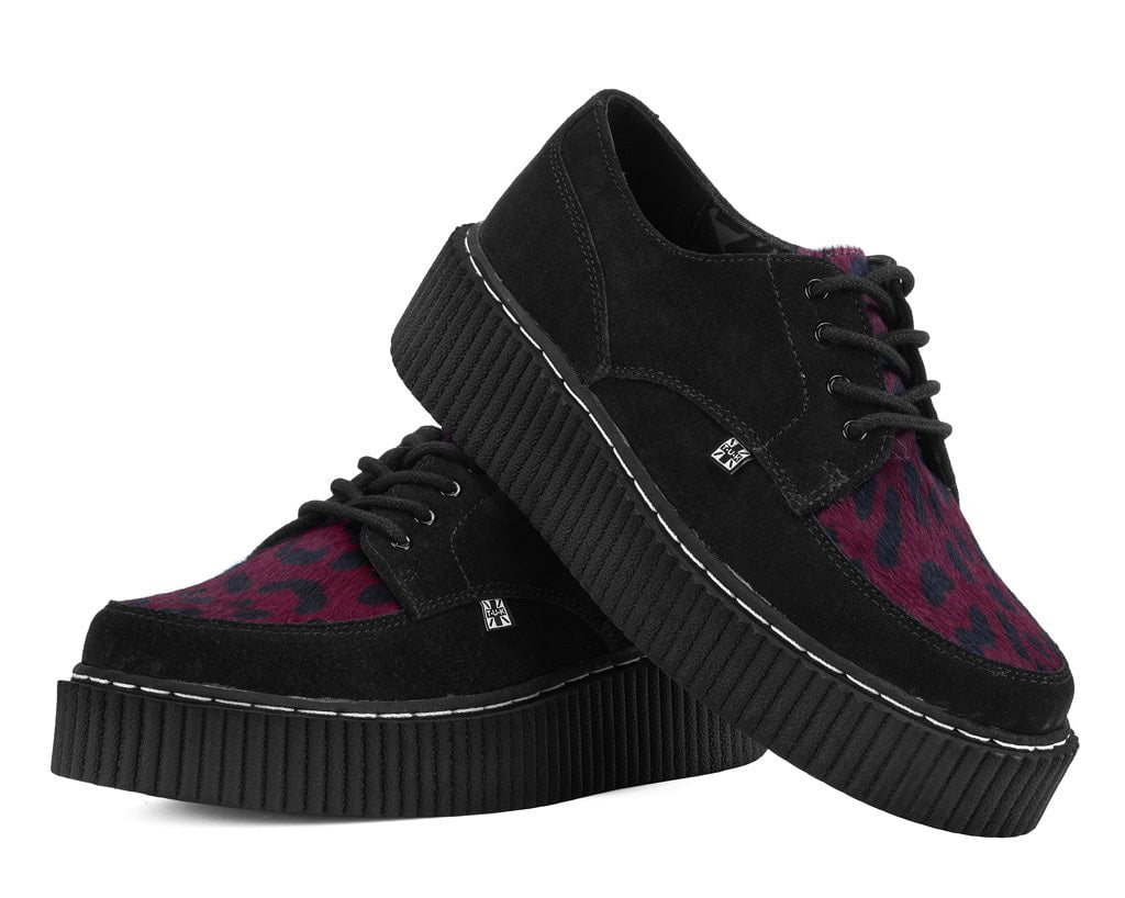 T.U.K. Shoes G3453 Black Suede Burgundy Leopard Hair Vintage Creeper