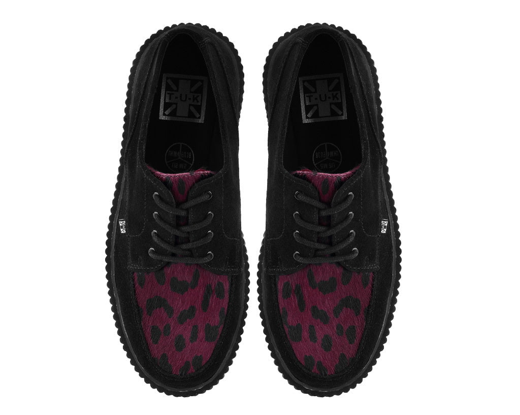 T.U.K. Shoes G3453 Black Suede Burgundy Leopard Hair Vintage Creeper