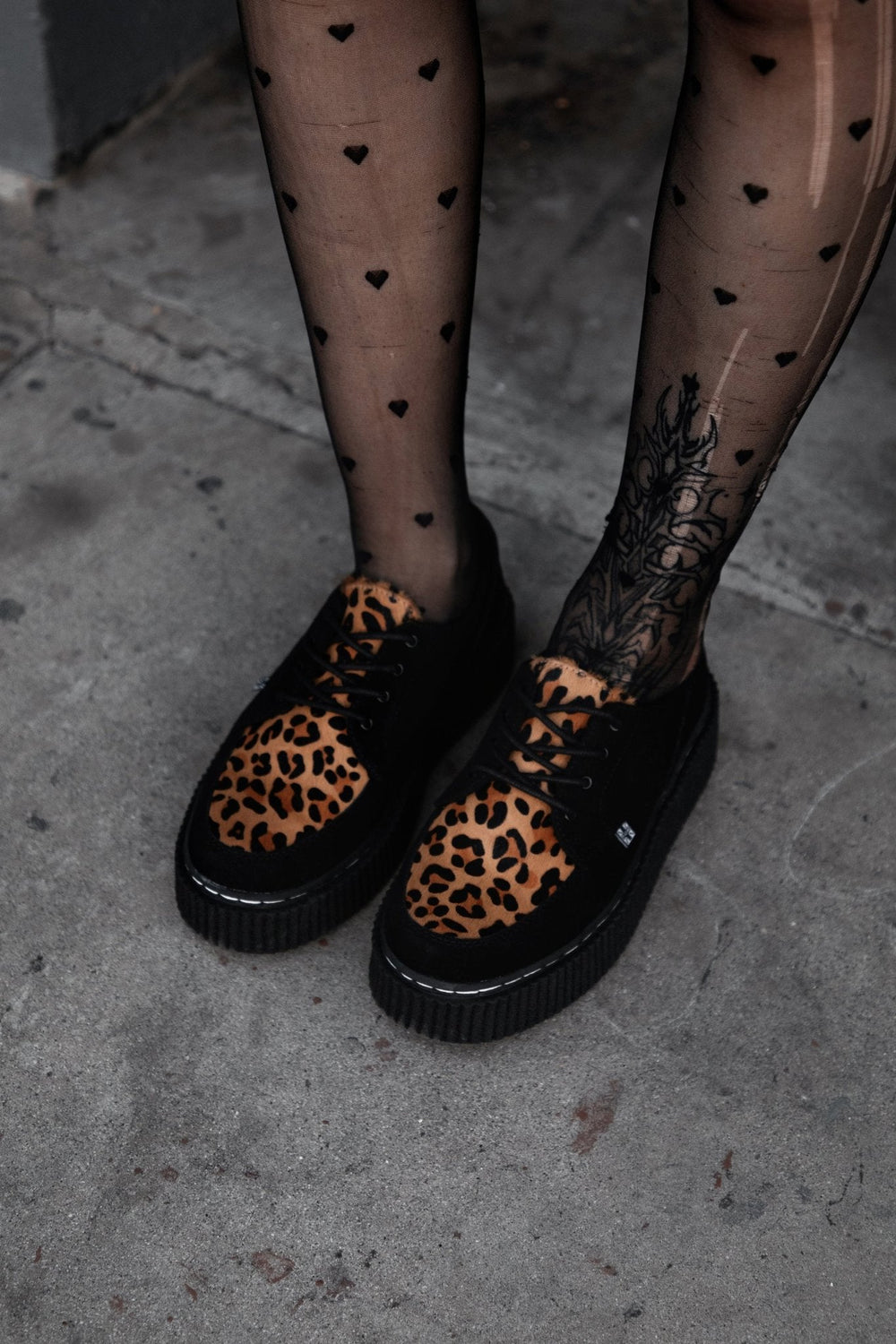 T.U.K. Shoes G3452 Black Suede Brown Leopard Hair Vintage Creeper