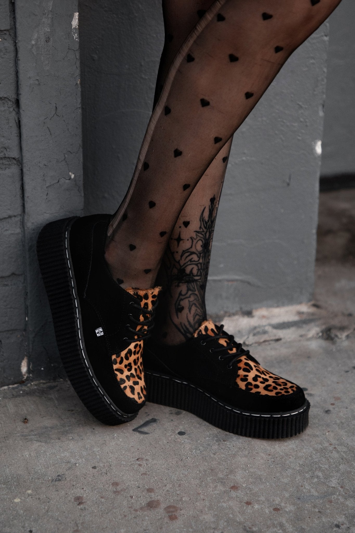 T.U.K. Shoes G3452 Black Suede Brown Leopard Hair Vintage Creeper