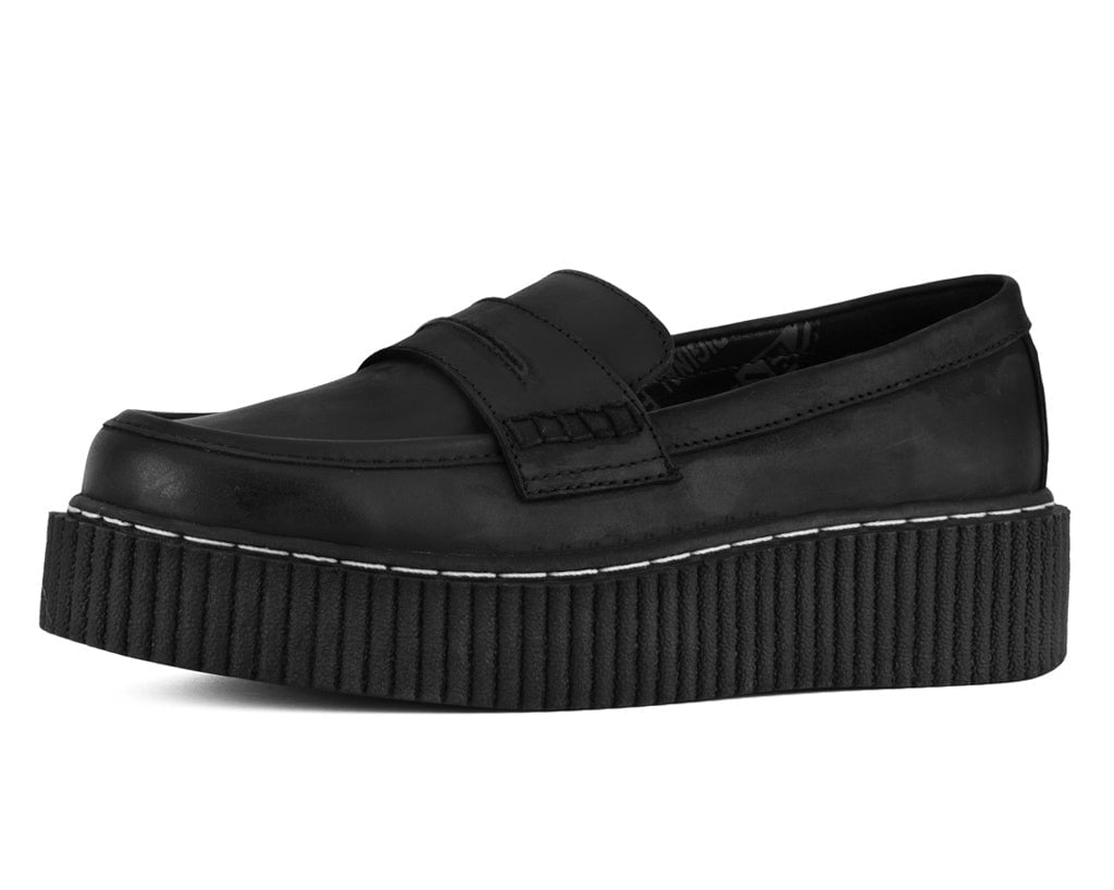 T.U.K. Shoes G3450 Black Waxy Leather Loafer Vintage Creeper