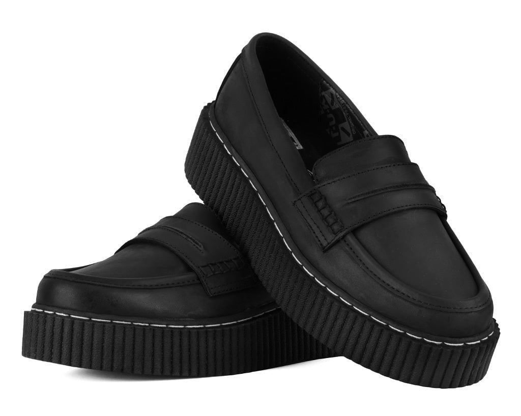 T.U.K. Shoes G3450 Black Waxy Leather Loafer Vintage Creeper