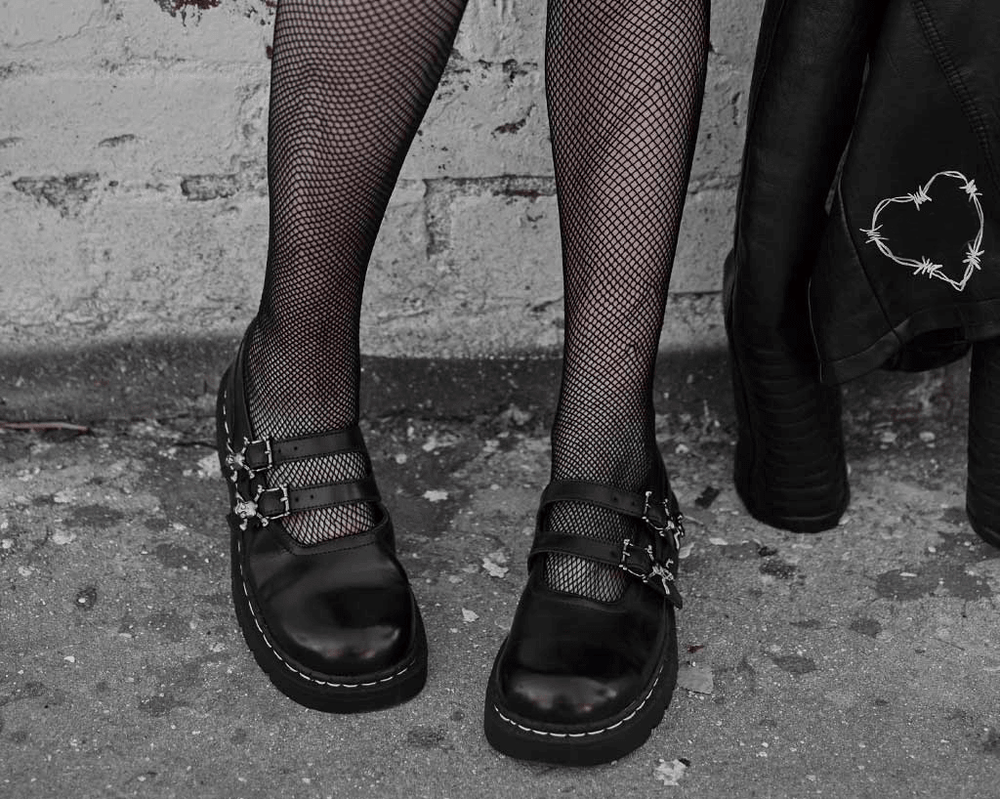 T.U.K. Shoes T2307 Black TUKskin™ 2-Skull Buckle Mary Jane