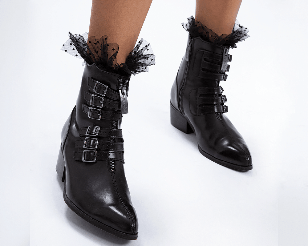 T.U.K. Shoes T2301L Black Victorian Anarchic 6-Buckle Pointed Boot