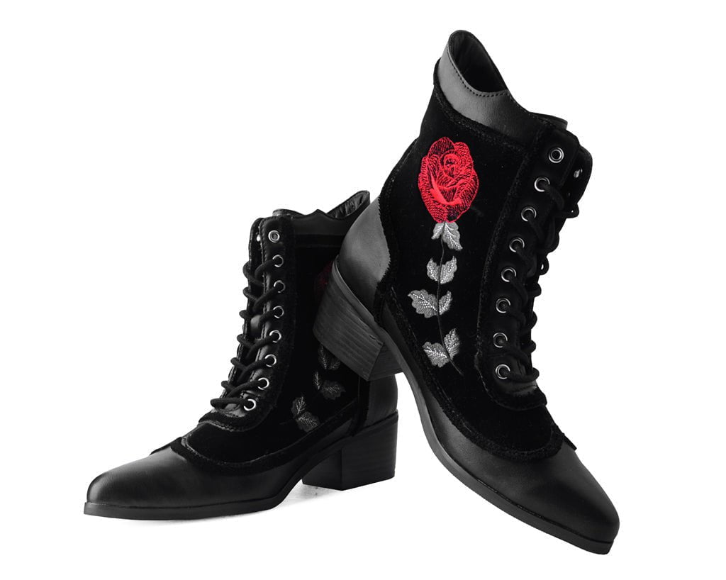 T.U.K. Shoes T2313L Black Victorian 8-Eye Rose Pointed Anarchic Heel