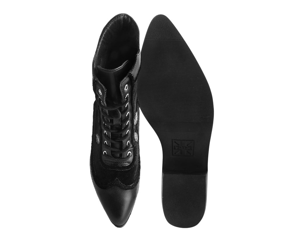 T.U.K. Shoes T2313L Black Victorian 8-Eye Rose Pointed Anarchic Heel