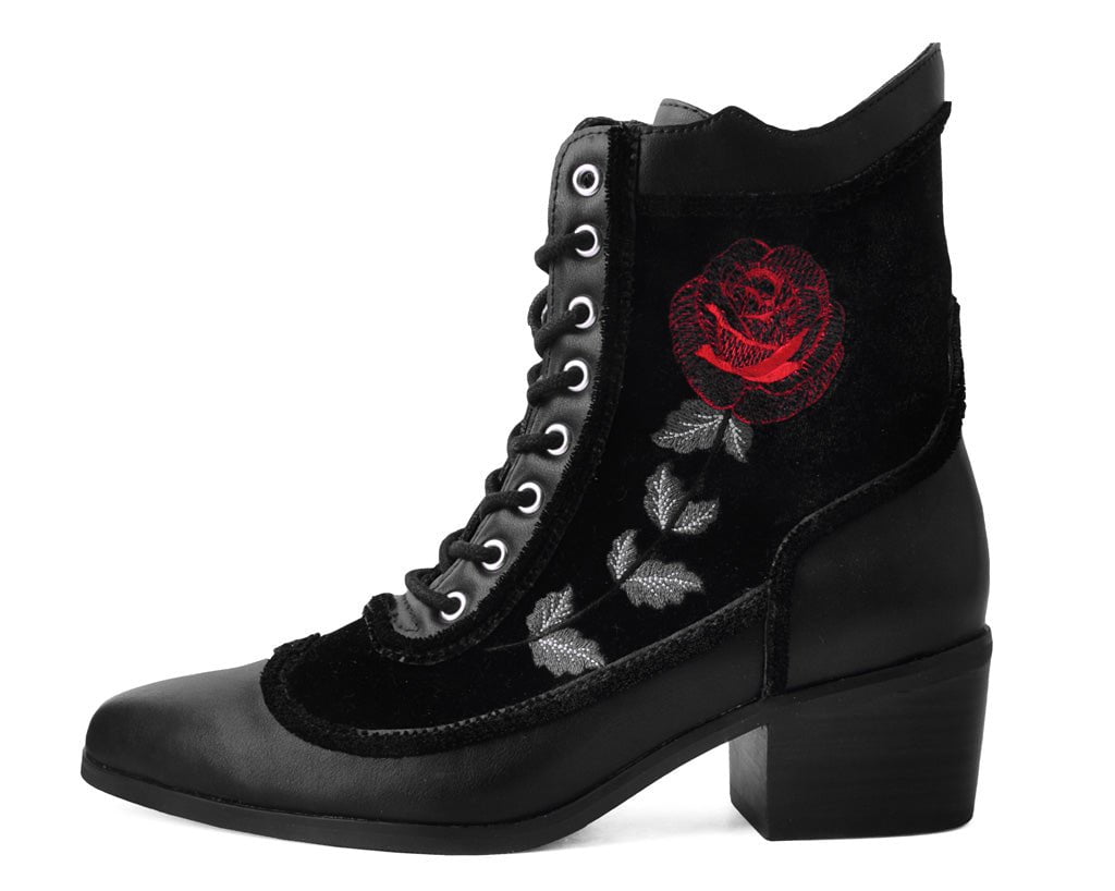 T.U.K. Shoes T2313L Black Victorian 8-Eye Rose Pointed Anarchic Heel