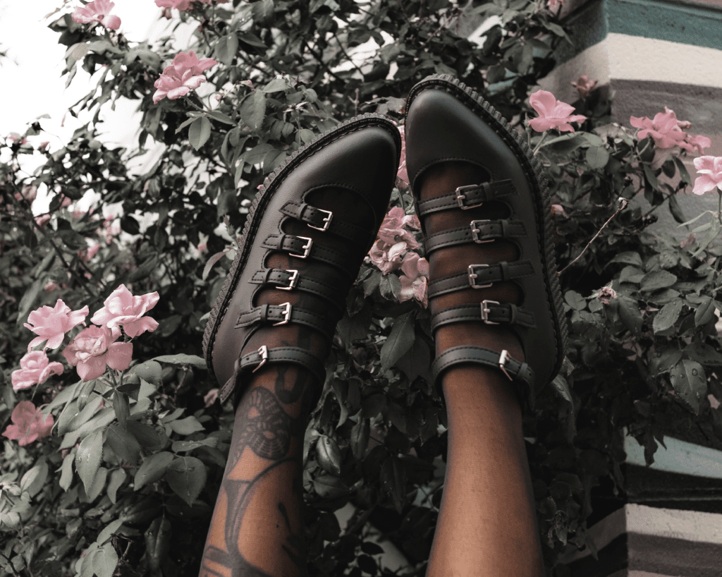 T.U.K. Shoes A9417L Black TUKskin™ Multi-Strap Pointed Mary Jane Creeper