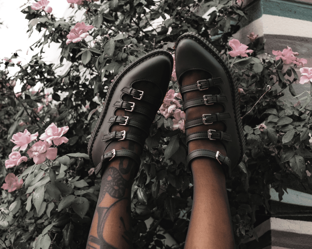 T.U.K. Shoes A9417L Black TUKskin™ Multi-Strap Pointed Mary Jane Creeper