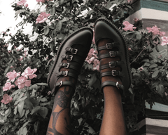 T.U.K. Shoes A9417L Black TUKskin™ Multi-Strap Pointed Mary Jane Creeper