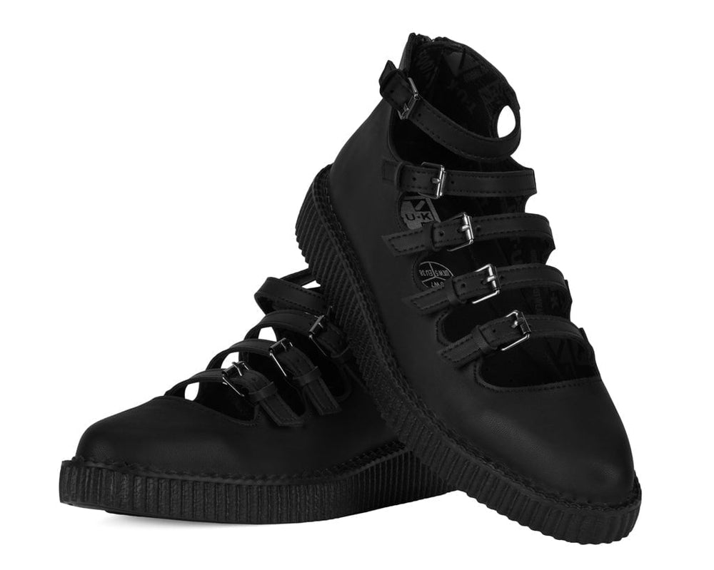 T.U.K. Shoes A9417L Black TUKskin™ Multi-Strap Pointed Mary Jane Creeper