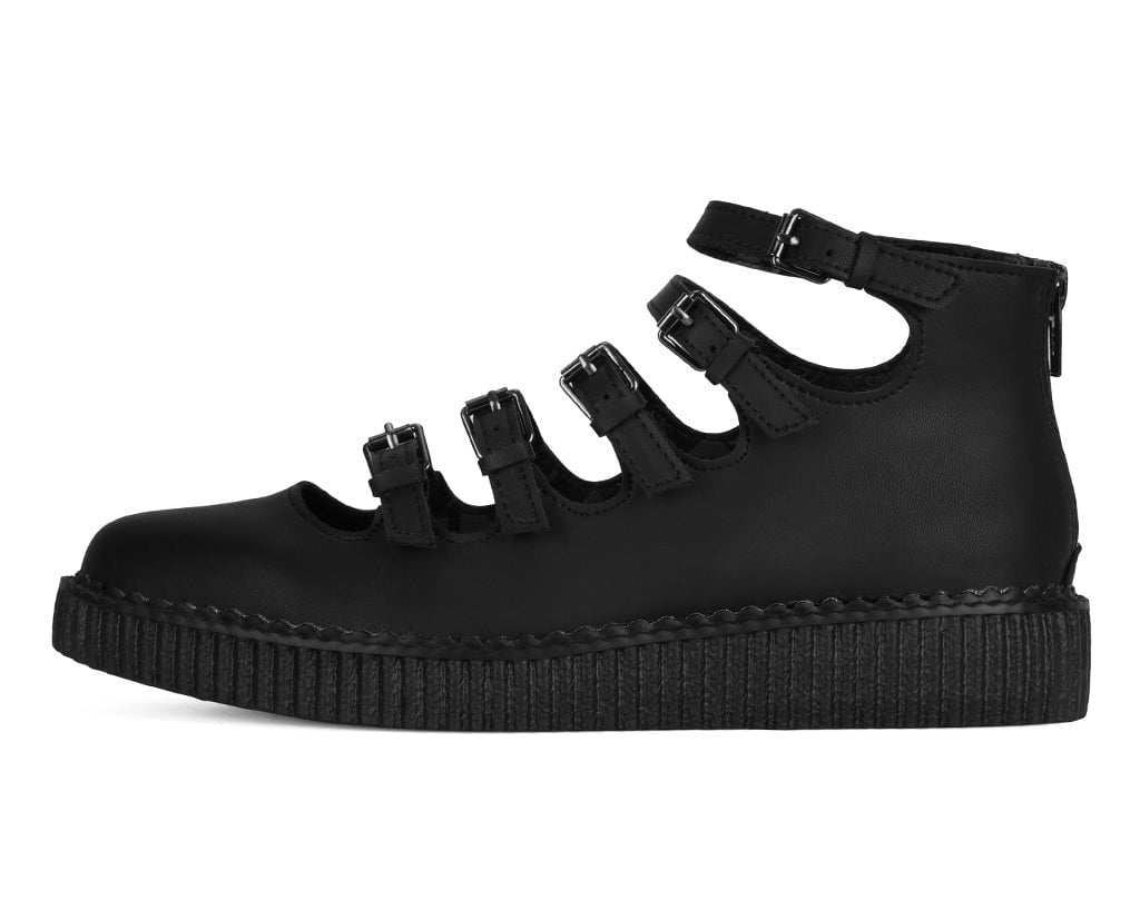 T.U.K. Shoes A9417L Black TUKskin™ Multi-Strap Pointed Mary Jane Creeper