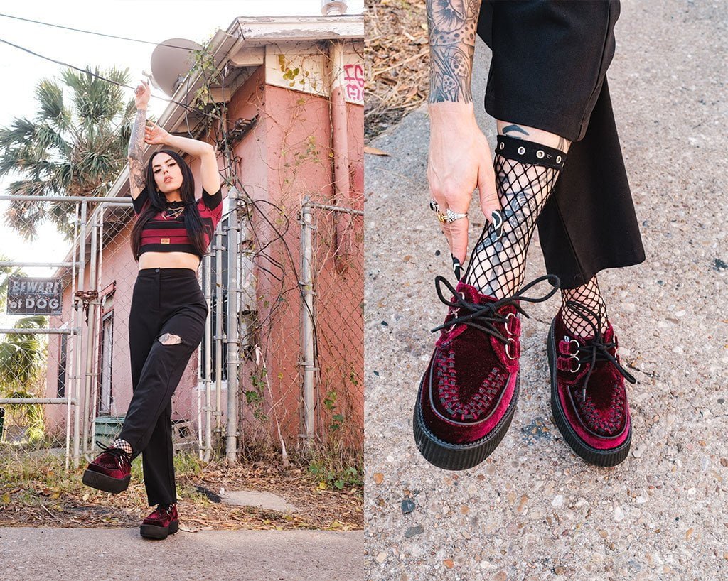 T.U.K. Shoes V8463 Burgundy Velvet Viva Mondo Creepers