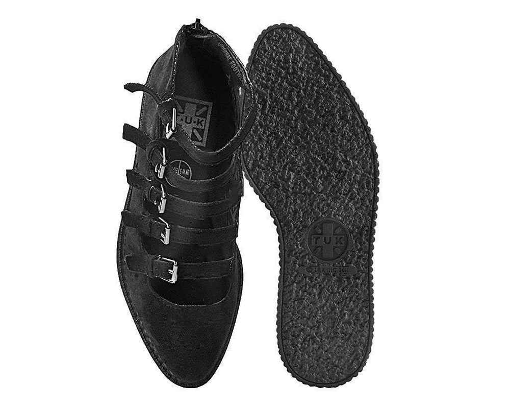 T.U.K. Shoes A9674L Black Faux Suede Multi-Strap Pointed Mary Jane Creeper