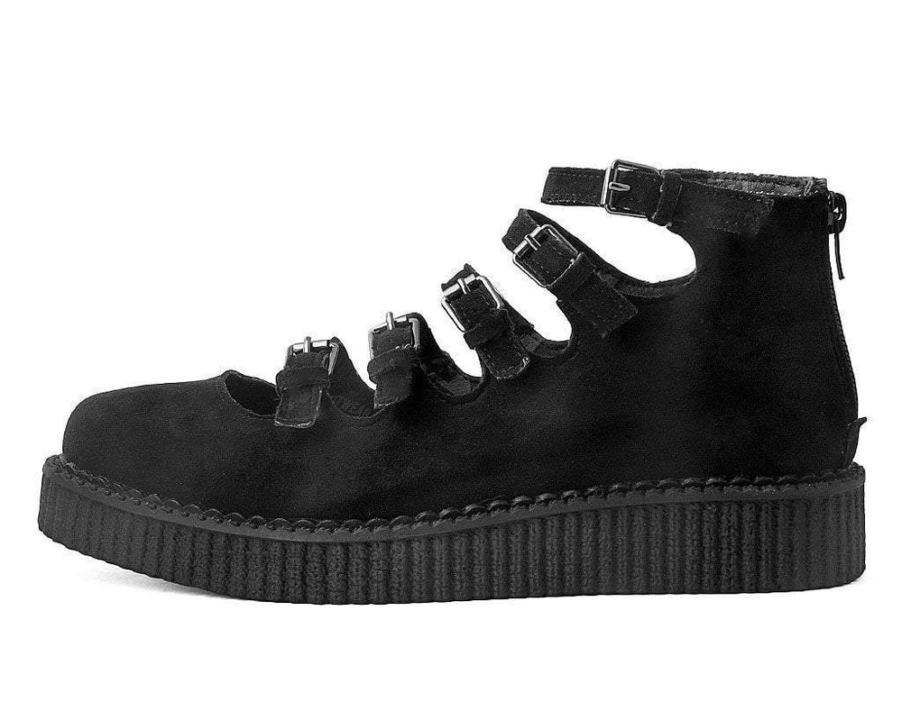 T.U.K. Shoes A9674L Black Faux Suede Multi-Strap Pointed Mary Jane Creeper