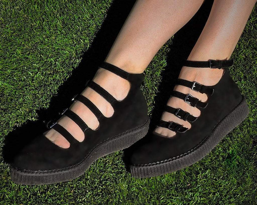 T.U.K. Shoes A9674L Black Faux Suede Multi-Strap Pointed Mary Jane Creeper