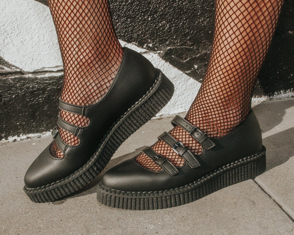 T.U.K. Shoes A9733L Black TUKskin™ Pointed 3-Strap Mary Jane