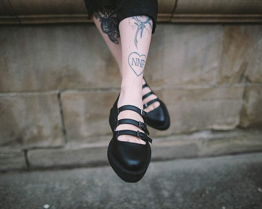 T.U.K. Shoes A9733L Black TUKskin™ Pointed 3-Strap Mary Jane