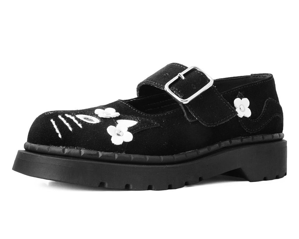 T.U.K. Shoes T2327 Black Suede Kitty Flower Mary Jane