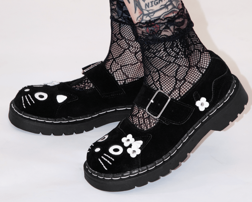 T.U.K. Shoes T2327 Black Suede Kitty Flower Mary Jane