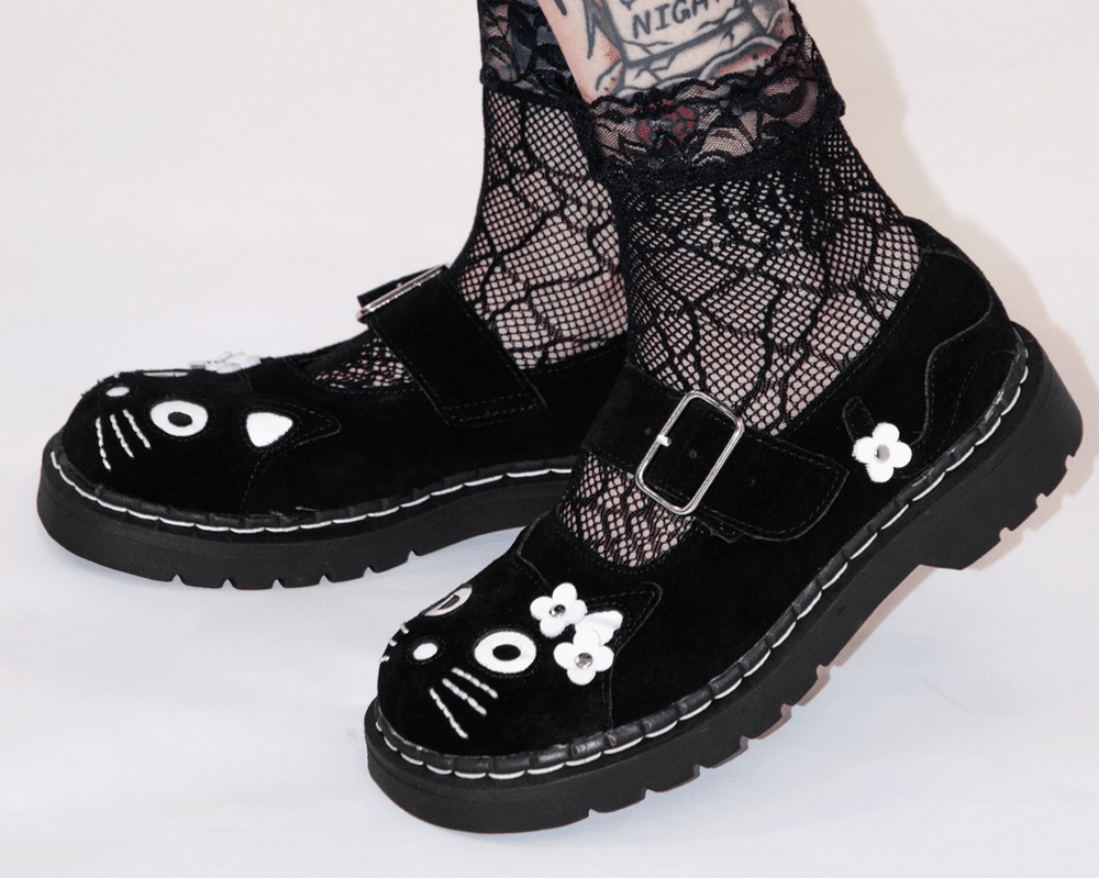 T.U.K. Shoes T2327 Black Suede Kitty Flower Mary Jane