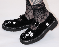 T.U.K. Shoes T2327 Black Suede Kitty Flower Mary Jane