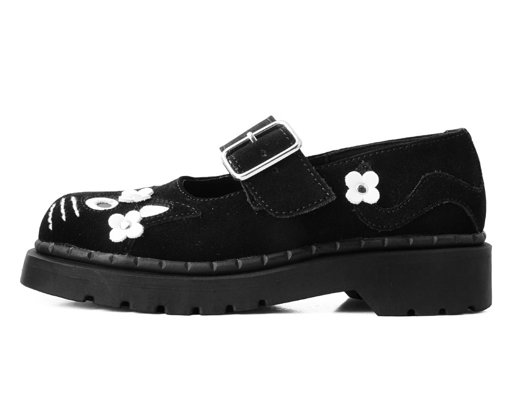 T.U.K. Shoes T2327 Black Suede Kitty Flower Mary Jane