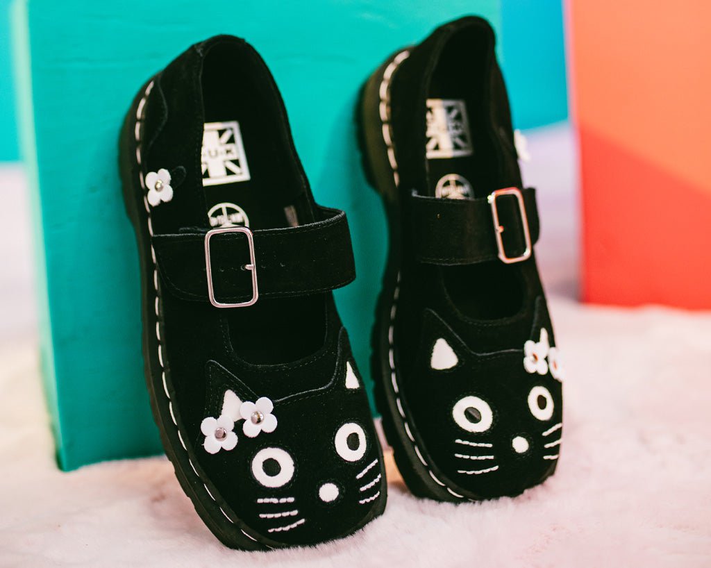 T.U.K. Shoes T2327 Black Suede Kitty Flower Mary Jane
