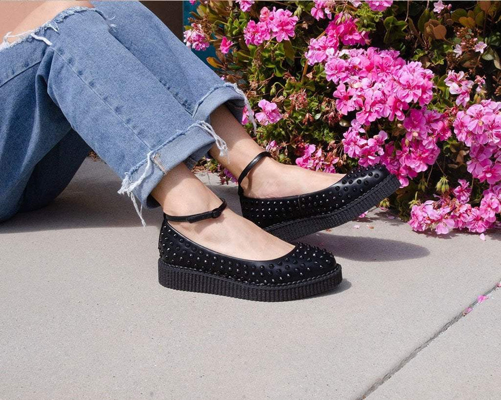 T.U.K. Shoes A9666L Black Spiked Pointed Ballet Ankle Strap Creeper