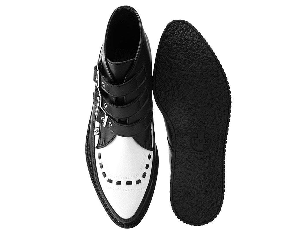 T.U.K. Shoes A9540 Black & White TUKskin™ 3-Buckle Pointed Creeper Boot