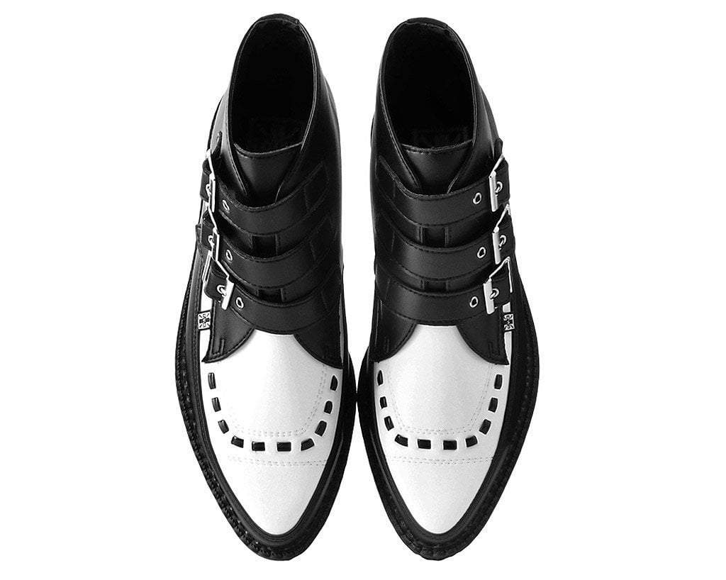 T.U.K. Shoes A9540 Black & White TUKskin™ 3-Buckle Pointed Creeper Boot