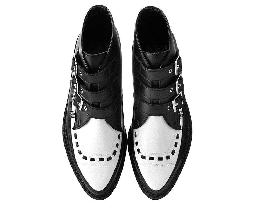 T.U.K. Shoes A9540 Black & White TUKskin™ 3-Buckle Pointed Creeper Boot