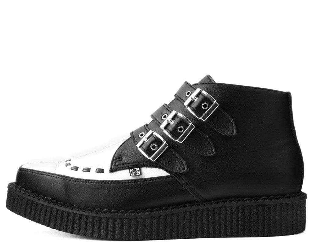 T.U.K. Shoes A9540 Black & White TUKskin™ 3-Buckle Pointed Creeper Boot