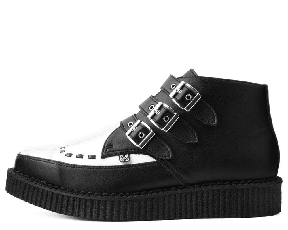 T.U.K. Shoes A9540 Black & White TUKskin™ 3-Buckle Pointed Creeper Boot