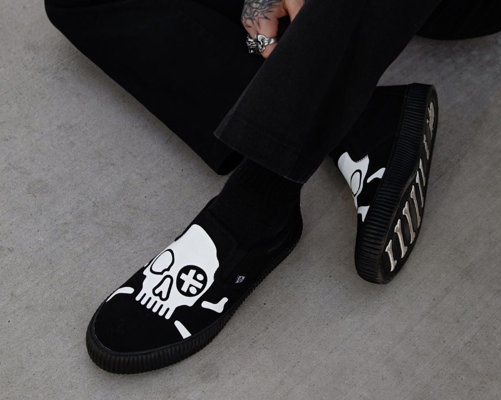 T.U.K. Shoes A3352 Black Skull Canvas Slip-On Sneaker