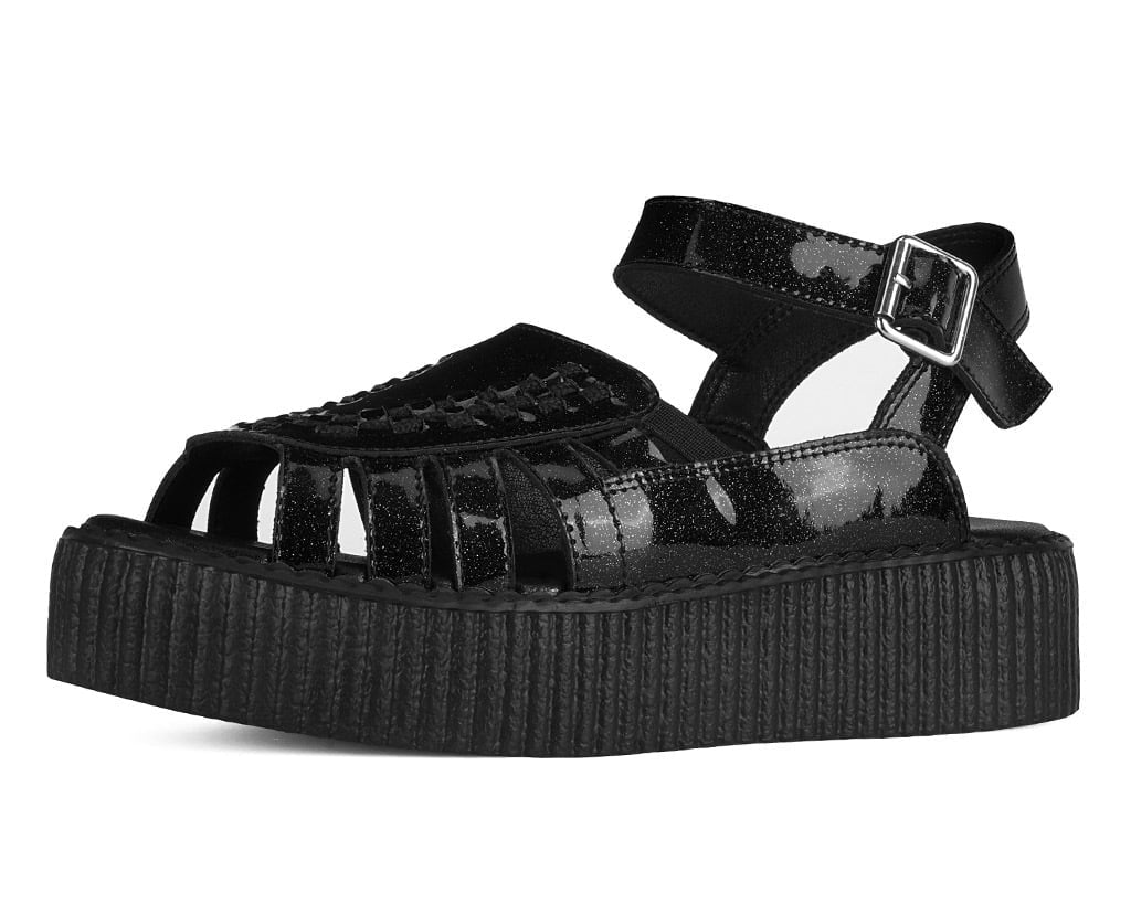 T.U.K. Shoes Black Vinyl Glitter Interlace Viva Mondo Sandal