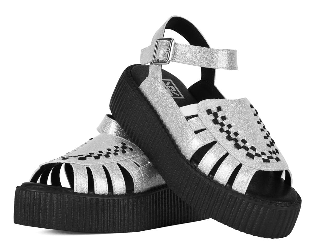 T.U.K. Shoes Silver Vinyl Glitter Interlace Viva Mondo Sandal